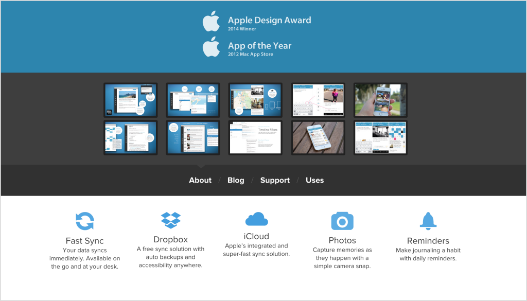 The website for the Day One journaling app shows a good variety of button states.