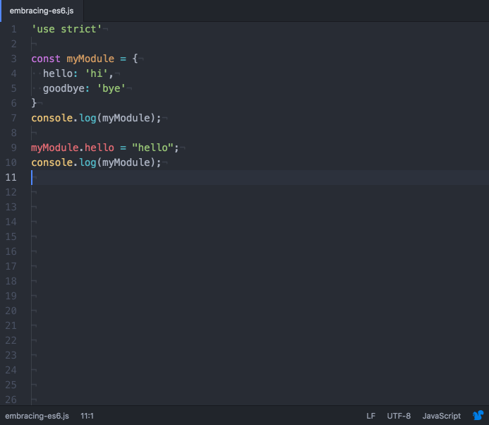 An animation showing how you can reassign properties of a const variable but will get an error if you try to reassign the entire variable.