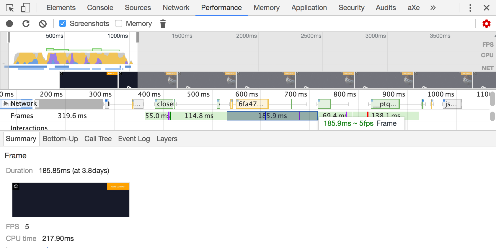 Performance tab of Chrome DevTools showing frame render times