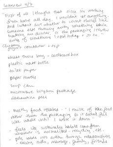 Handwritten interview notes with person keeping waste diary, dated April 7th