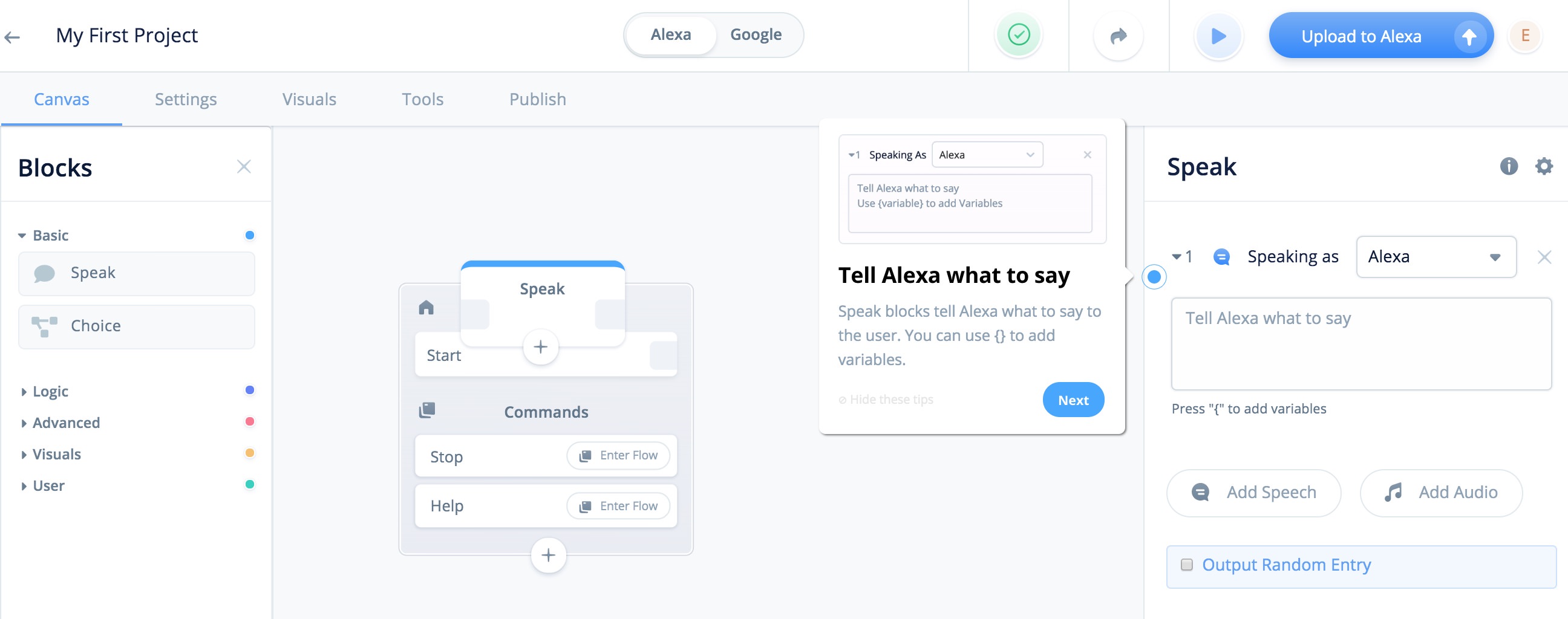 Screenshot of VoiceFlow logic interface using voice or choice commands