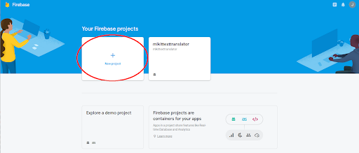 Firebase Logon Screen with light blue background and two people working with sticky notes, paper and pen