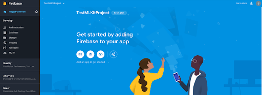Firebase Project Dashboard Screen with split dark grey/light blue background and people working while using a smart phone 