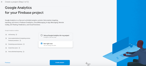 Firebase Project Wizard Analytics Screen with split light grey/light blue background and person on laptop working