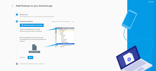 Firebase Project Wizard Project Google JSON File Screen with split light grey/light blue background and laptop tethered to a smart phone with a cable