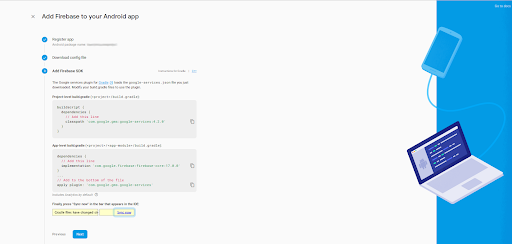 Firebase Project Wizard Gradle Dependencies Screen with split light grey/light blue background and laptop tethered to a smart phone with a cable