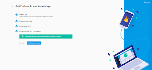 Firebase Project Wizard Gradle Sync Complete Screen with split light grey/light blue background and laptop tethered to a smart phone with a cable