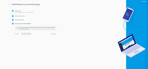 Firebase Project Wizard Gradle Sync Screen with split light grey/light blue background and laptop tethered to a smart phone with a cable