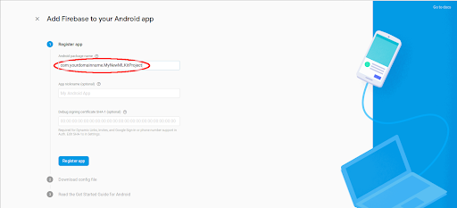 Firebase Project Wizard Project Name Screen with split light grey/light blue background and laptop tethered to a smart phone with a cable