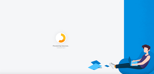 Firebase Project Wizard Set Up Screen with split light grey/light blue background and person on beanbag with laptop working