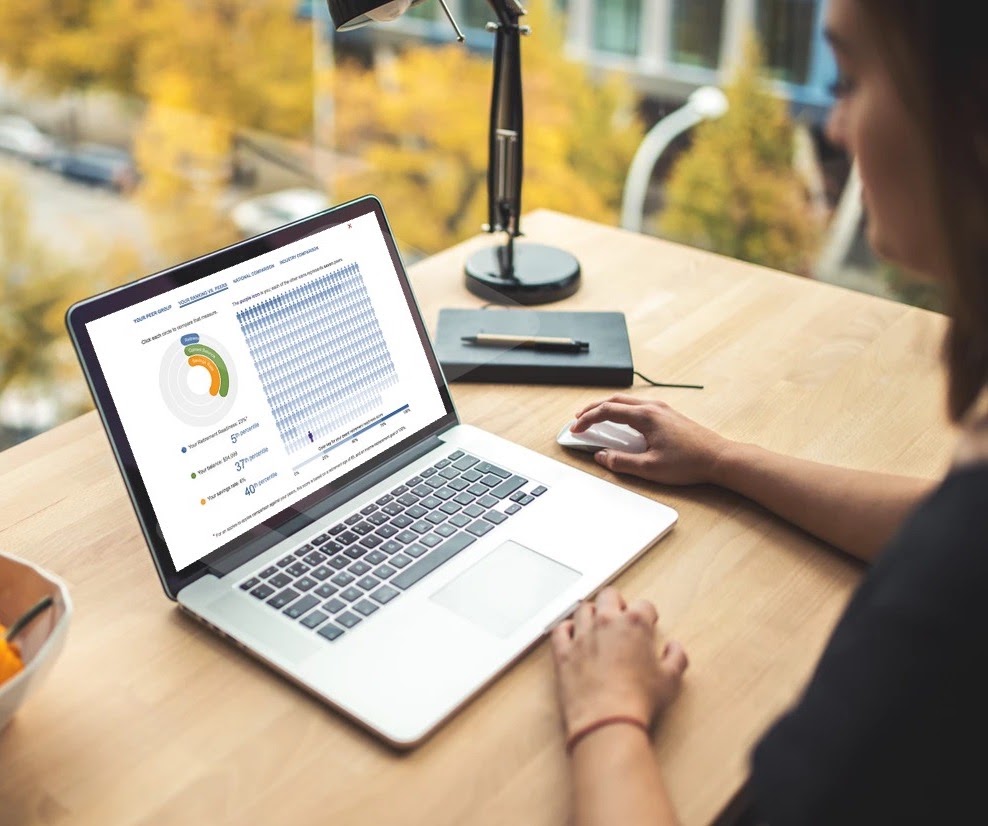 Photographic representation of Data and Dashboards as a woman seated by a window in a high-rise at a desk with a laptop in front of her, mouse in hand, looking at a data visualization dashboard of her retirement holdings.