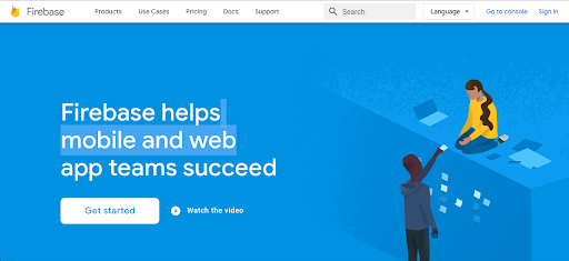 Firebase New Project Wizard Screen with light blue background and two people working on laptops at desks