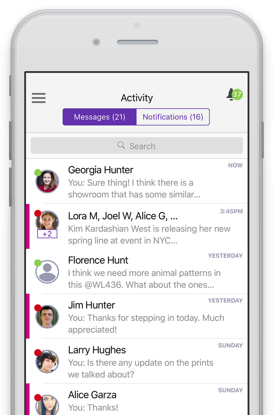 A screenshot of the messaging feature in the Bamboo Rose mobile app